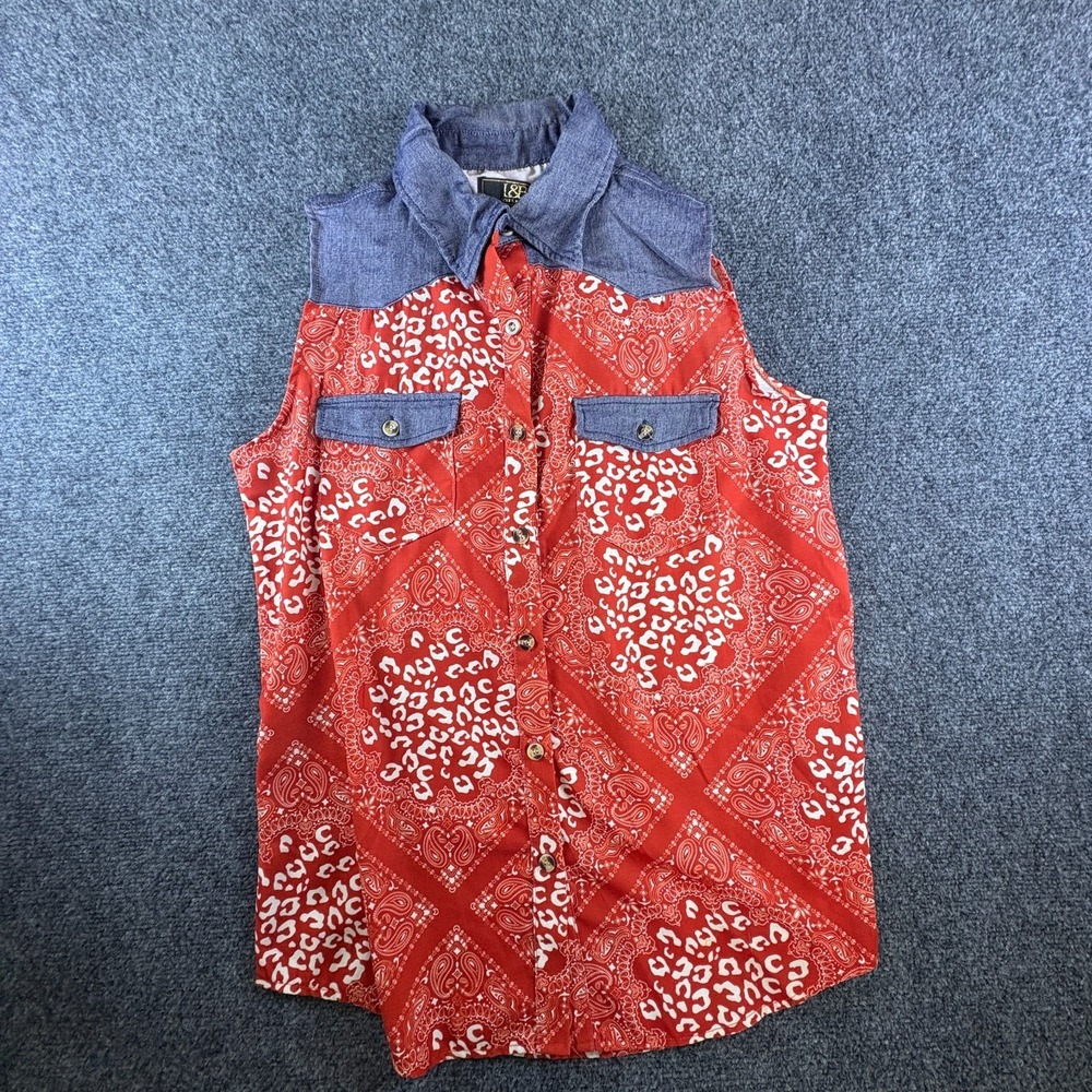 Lucky & Blessed Western Shirt Womens M Red White Paisley Sleeveless Button Up